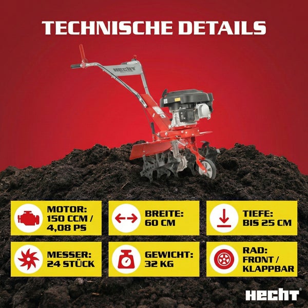 Technische Details einer Motorhacke mit Angaben zu Motor, Breite, Tiefe, Messeranzahl, Gewicht und Rad