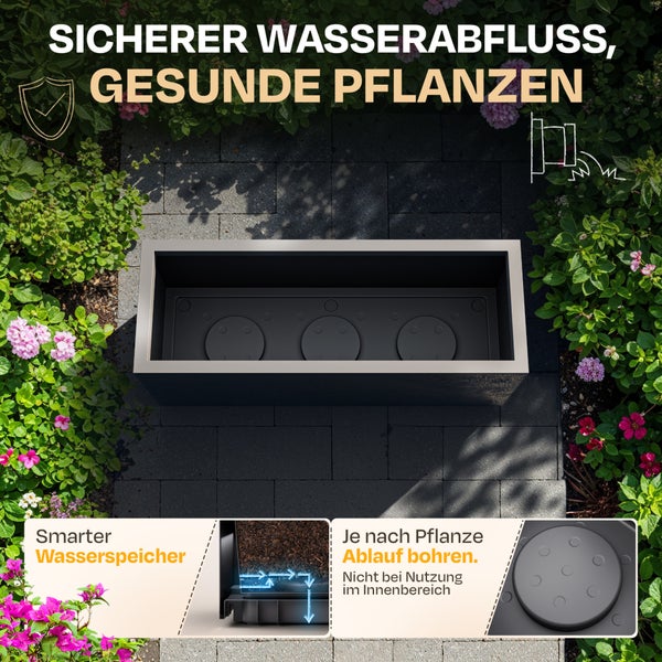 Rechteckiger Pflanzkübel in der Draufsicht auf einer Terrasse mit Erklärungen zum integrierten Wasserspeicher und den Bohrstellen für den Wasserablauf.