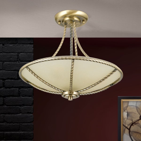 Deckenleuchte im rustikalen Design mit dekorativen Metallstreben in Seiloptik und einem schalenförmigen Glaskörper