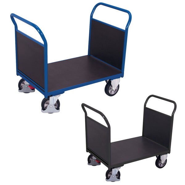 Stirnwandwagen mit zwei Wänden und vier Rollen aus Stahlrohr und Holzwerkstoffplatten.