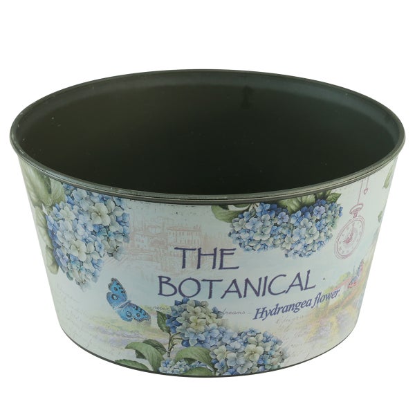 Dekorativer Metall-Übertopf mit Hortensien-Motiv und Schriftzug THE BOTANICAL Hydrangea flower.