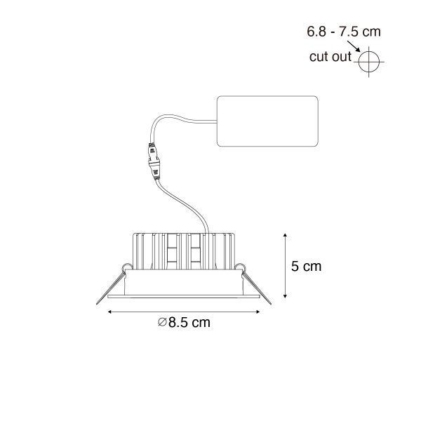 Technische Zeichnung eines Einbaustrahlers mit Maßen: Durchmesser 8,5 Zentimeter, Höhe 5 Zentimeter und Ausschnitt 6,8 bis 7,5 Zentimeter.