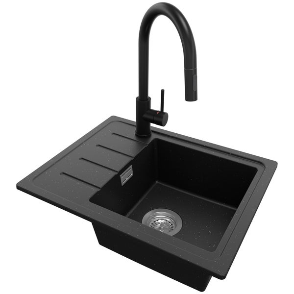 PRIMAGRAN Granitspüle Schwarz Metallic 55x44cm, Spülbecken 1 Becken + Küchenarmatur 40x20cm + Ablauf-Set, Küchenspüle ab 45er Unterschrank - Kopenhagen Easy