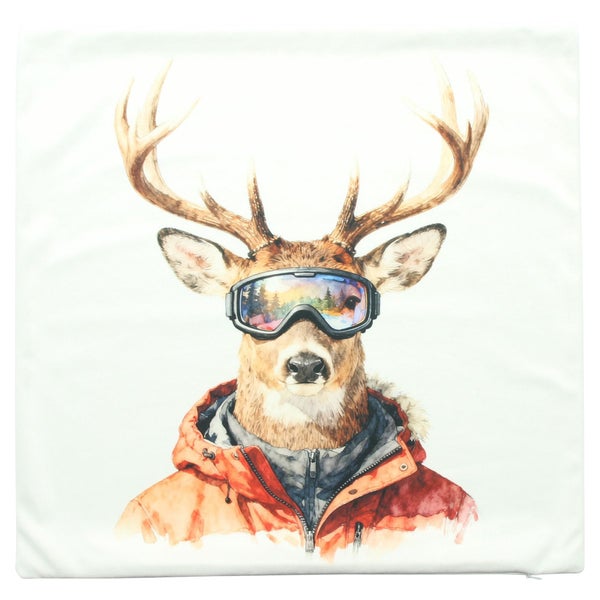 Quadratischer Kissenbezug mit Aquarell Motiv eines Hirsches der Skibrille und eine Winterjacke trägt