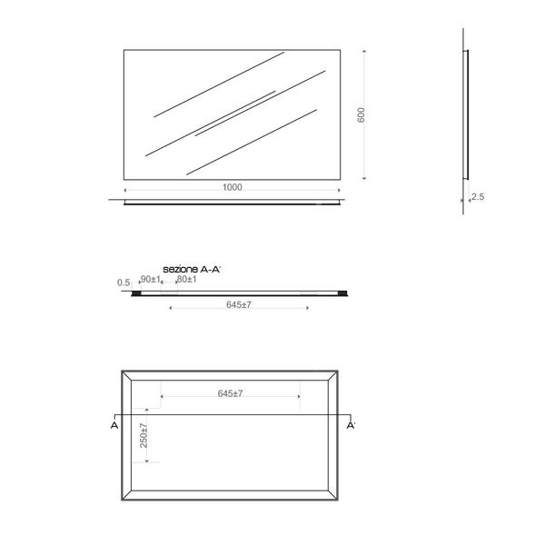 Technische Zeichnung eines rechteckigen Spiegels mit Maßangaben.