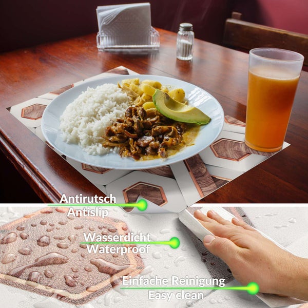 Platzset mit geometrischem Holzdesign auf einem Esstisch, rutschfest, wasserdicht und einfach zu reinigen.