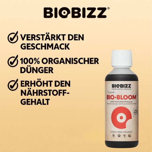 Biobizz Logo. Biobizz Bio-Bloom. Verstärkt den Geschmack, 100 Prozent organischer Dünger, erhöht den Nährstoffgehalt.