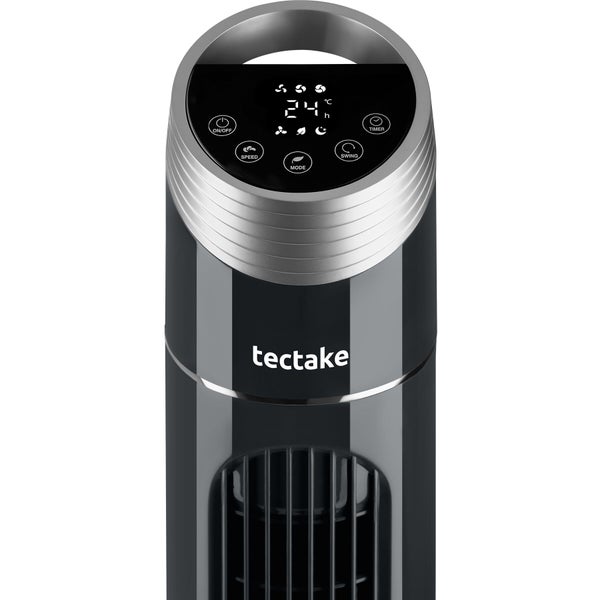 Turmventilator tectake mit LED-Display, Anzeige 24 Grad Celsius, Touch-Bedienfeld für Geschwindigkeit, Modus, Timer und Schwenkfunktion.
