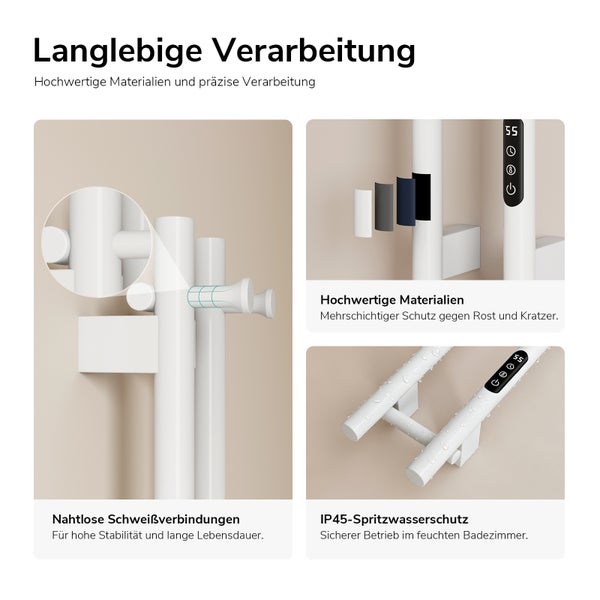 Produktdetails eines elektrischen Handtuchheizkörpers mit nahtlosen Schweißnähten, mehrschichtigem Rostschutz und Schutzart IP45 gegen Spritzwasser.