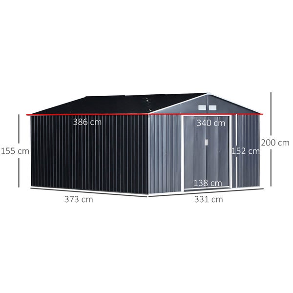 Outsunny Gerätehaus mit Bodenplatte, Gartenhaus, 20m³, 340 x 386 x 200 cm, Stahl, Kohlegrau