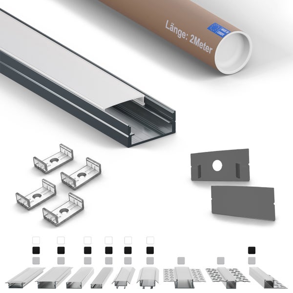 LED Aluminium Profil Set mit Abdeckung und Montagezubehör, 2 Meter lang, für LED Streifen Montage.