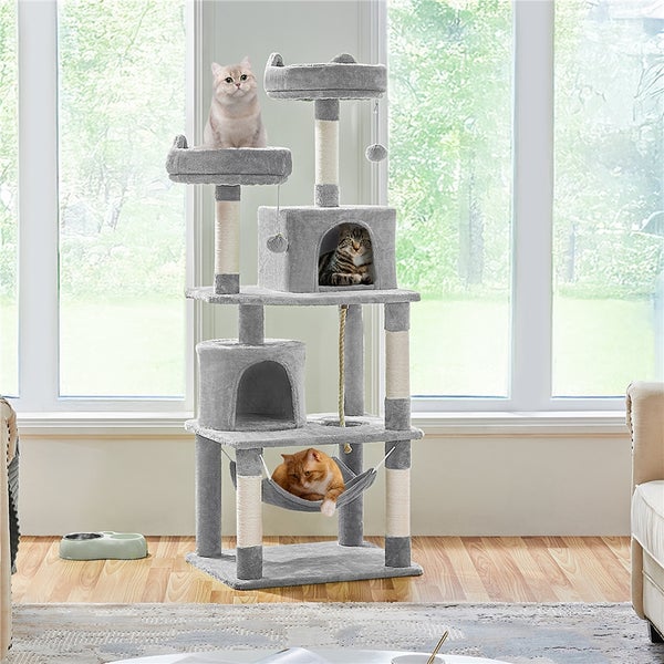 Katzenkratzbaum mit mehreren Ebenen, Höhlen und Hängematte, mit Katzen