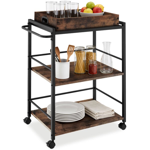 Servierwagen mit drei Ablageflächen aus Holz und Metallgestell