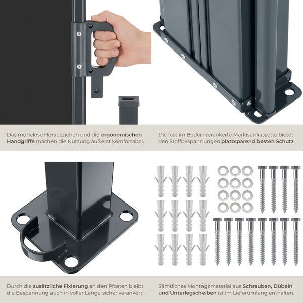 Details einer Seitenmarkise: ergonomischer Handgriff, platzsparende Bodenkassette, stabiler Pfostenfuß und komplettes Montagematerial.