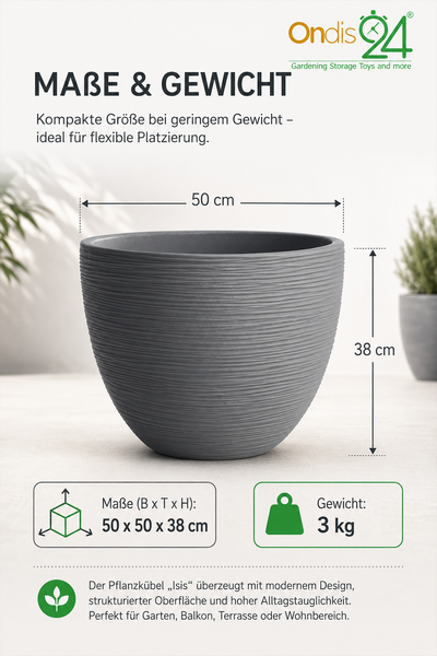 Pflanzkübel Isis von Ondis24, rund mit strukturierter Oberfläche, Maße 50 mal 50 mal 38 Zentimeter, Gewicht 3 Kilogramm. Ondis24 Logo.