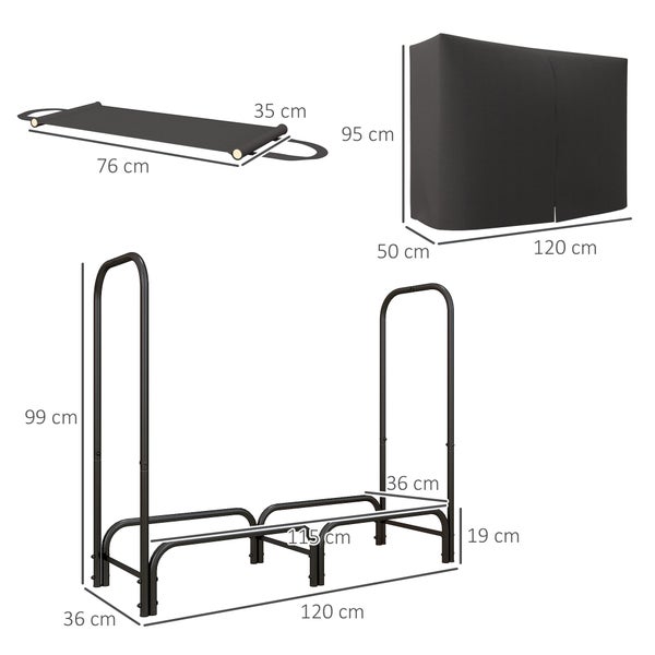 Outsunny Kaminholzregal, aus Segeltuch, 600D Oxford Wasserabweisende Abdeckung, für Garten, Terrasse, 120 x 36 x 99 cm, Metall, Schwarz