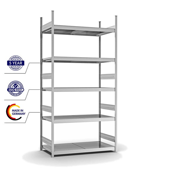 PROREGAL Weitspannregal Stecksystem T-Profil Grundregal HxBxT 300x150x60 cm 5 Ebenen Stahlplatten Fachboden Fachlast 350 kg Verzinkt
