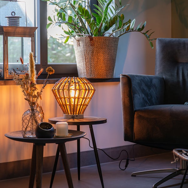 Dekorative Szene mit Tischleuchte, Topfpflanze und Sessel