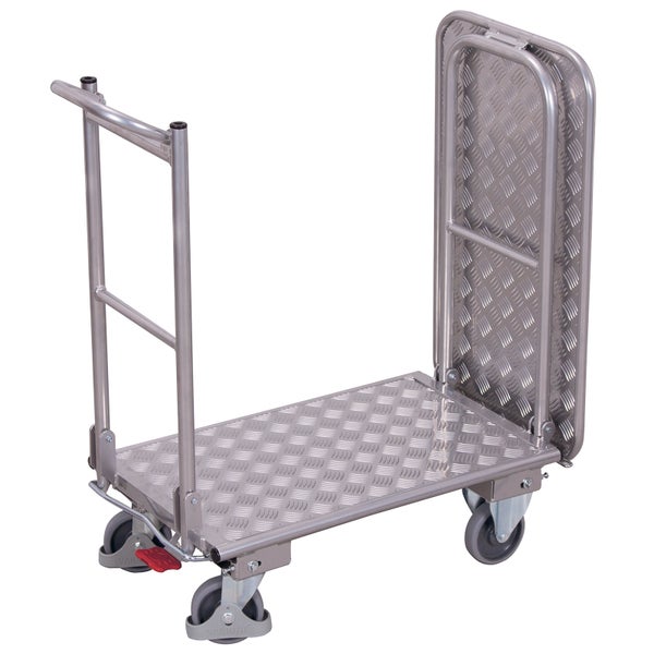 Plattformwagen aus Metall mit Riffelblech, klappbarem Schiebebügel und Feststellbremse.