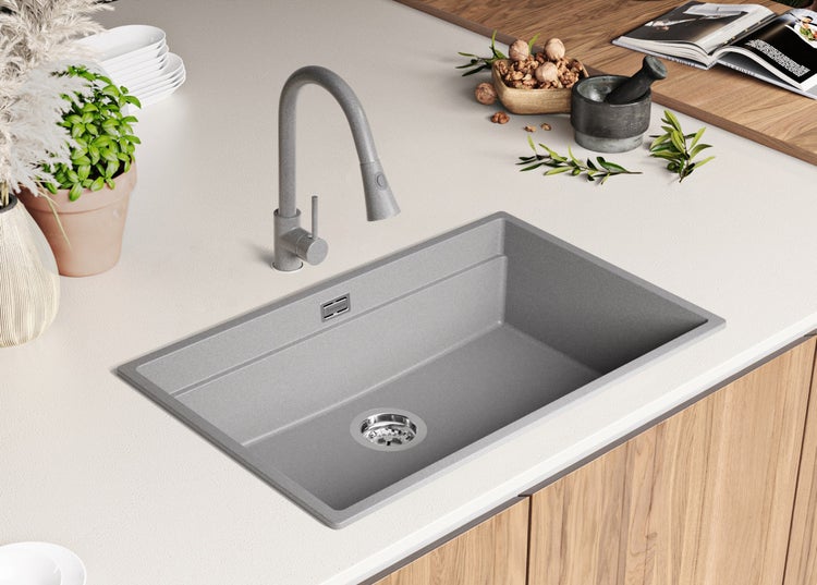 PRIMAGRAN Spülbecken Grau 76x47cm, Granitspüle 1 Becken + Ablauf-Set + Aufrollbare Abtropffläche, Küchenspüle ab 80er Unterschrank - Praga Slim