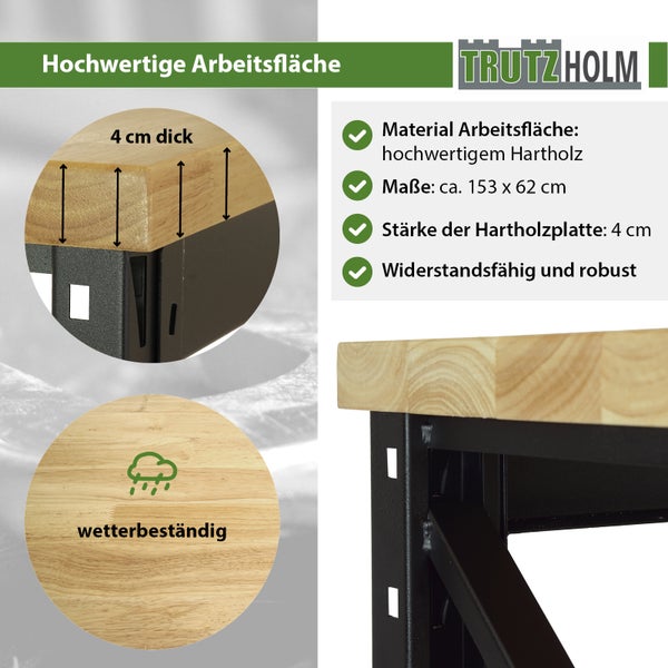 Werkbank 153x62x99 cm 500 kg Stahlgestell Hartholzplatte Werktisch Arbeitstisch Tisch Werkstatttisch
