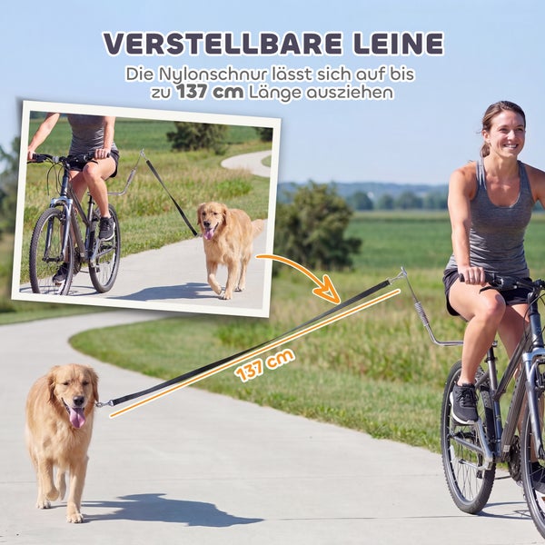Radfahrerin und Hund nutzen eine verstellbare Fahrrad-Hundeleine aus Nylon mit einer Länge von bis zu 137 Zentimeter in einer hellen Umgebung.