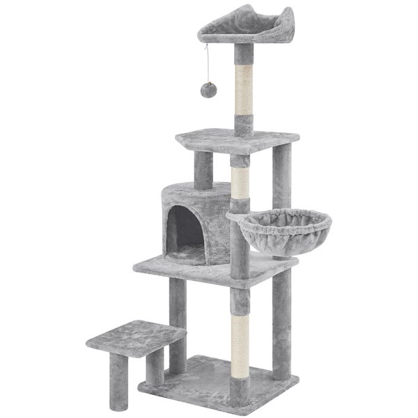 Grauer Kratzbaum mit Liegeflächen, Höhle, Sisalstämmen und Spielzeug