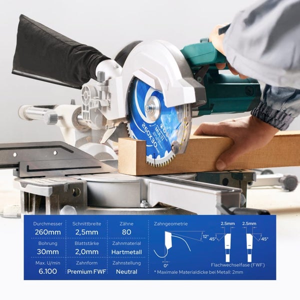 FALKENWALD® Sägeblatt 260x30 80 Zähne - Ideal für Holz, Metall & Alu - Multi Kreissägeblatt 260 x 30 - Kompatibel mit Makita HS0600, Bosch - 260x30