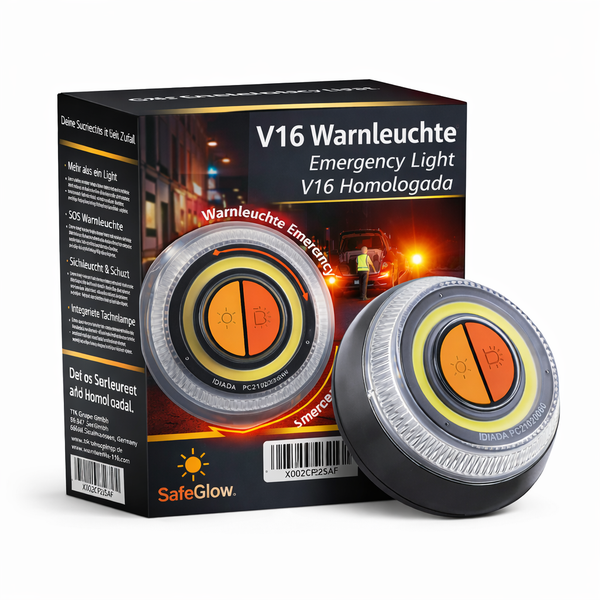 V16 Warnleuchte mit Verpackung im Detail