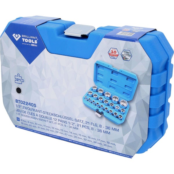 Brilliant Tools Zwölfkant Steckschlüsselsatz 21-teilig, 8 bis 36 Millimeter
