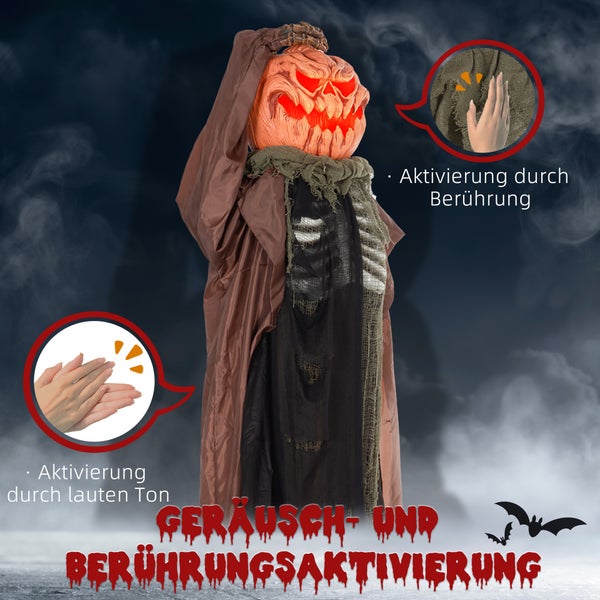 HOMCOM 183cm Halloween Dekoration Skelett-Kürbis mit LED-Lichter, Soundfunktion, Haustür Deko mit verstellbarem Kopf, Garten Dekofigur in Lebensgröße für Party