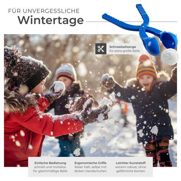 Szene mit Kindern, die eine Schneeballschlacht machen, und einer Schneeballzange aus Kunststoff