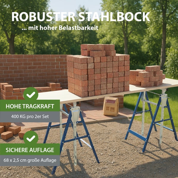 Zwei robuste Stahlböcke im Set tragen eine Holzplatte mit Ziegelsteinen, Tragkraft 400 Kilogramm, Auflagefläche 68 mal 2,5 Zentimeter.