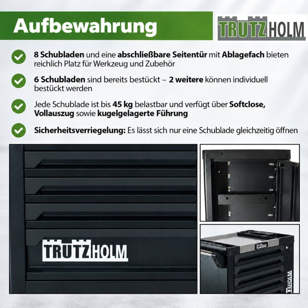 Trutzholm Werkstattwagen mit acht Schubladen, abschließbarer Seitentür und Ablagefach, kugelgelagerte Führungen mit Softclose und Vollauszug.