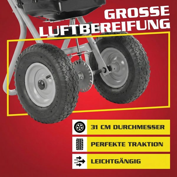 Detailaufnahme der großen Luftbereifung eines Streuwagens mit 31 Zentimeter Durchmesser für perfekte Traktion und leichtgängige Handhabung.