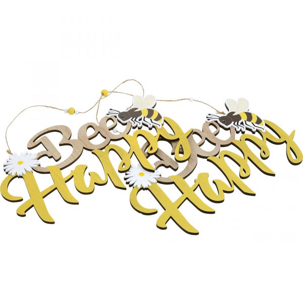 Dekoration mit der Aufschrift Sei fröhlich, sei glücklich, Bienenmotiven und Gänseblümchen