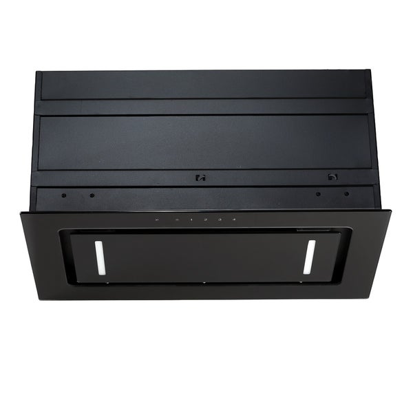 Schwarze Einbau-Dunstabzugshaube mit Beleuchtung und Touch-Bedienfeld.