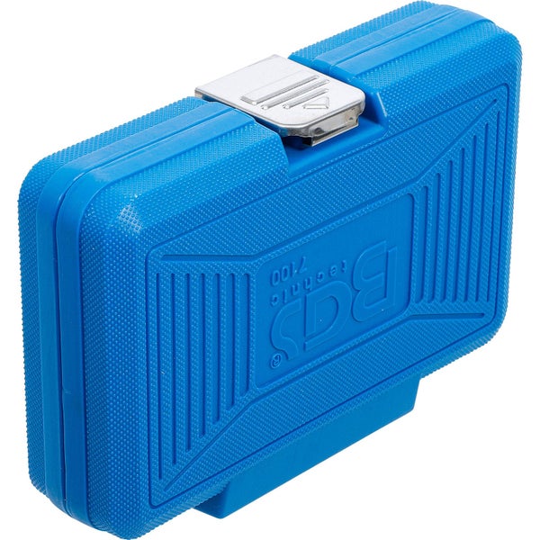 Blauer Werkzeugkasten mit silberfarbenem Verschluss