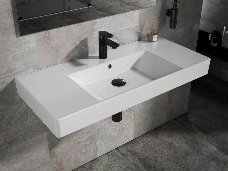 Aqua Bagno Quadra Soft Waschbecken KP.100.C – 101 x 45,5 cm – Weiß Hochglanz – Keramikbecken mit Hahnloch & Überlauf
