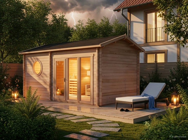 Gartenhaus aus Holz mit großen Glastüren und Bullaugenfenster auf einer Terrasse vor einem Wohnhaus während eines Gewitters.