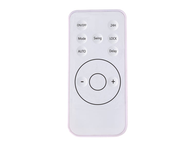Fernbedienung mit Tasten für Ein/Aus, Modus, Auto, 24 Stunden, Schwingen, Sperren und Verzögerung