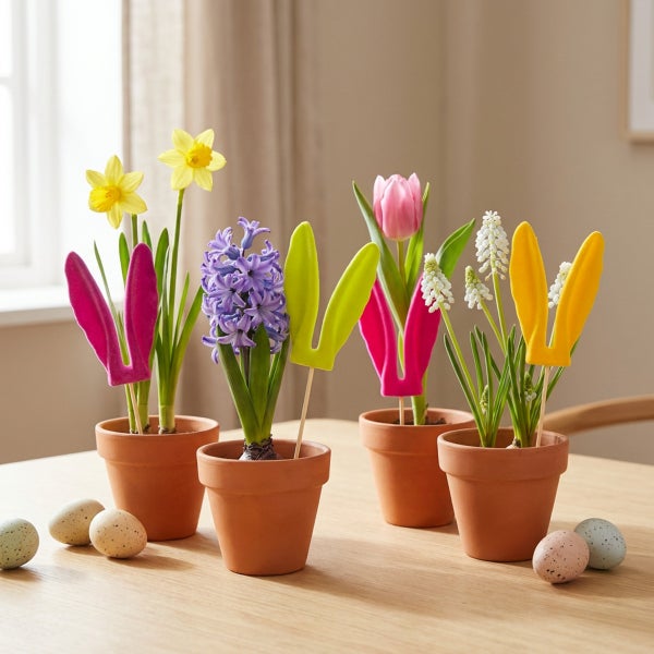 Osterdekoration mit Frühlingsblumen wie Narzissen, Hyazinthen und Tulpen in Tontöpfen mit Hasenohren-Steckern auf einem Holztisch.