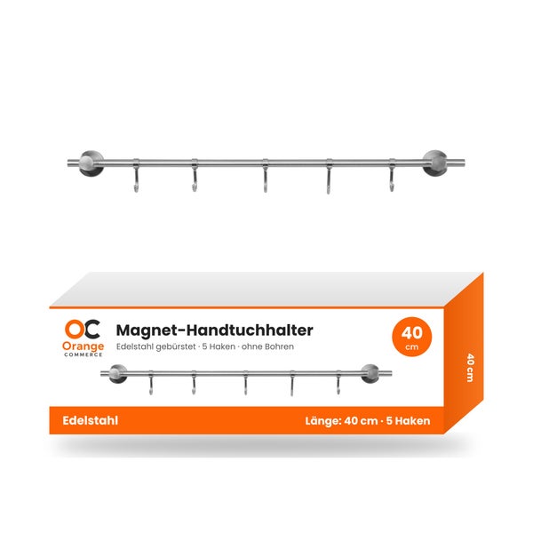 Magnet Handtuchhalter aus gebürstetem Edelstahl mit 5 Haken, 40 Zentimeter Länge, Montage ohne Bohren.