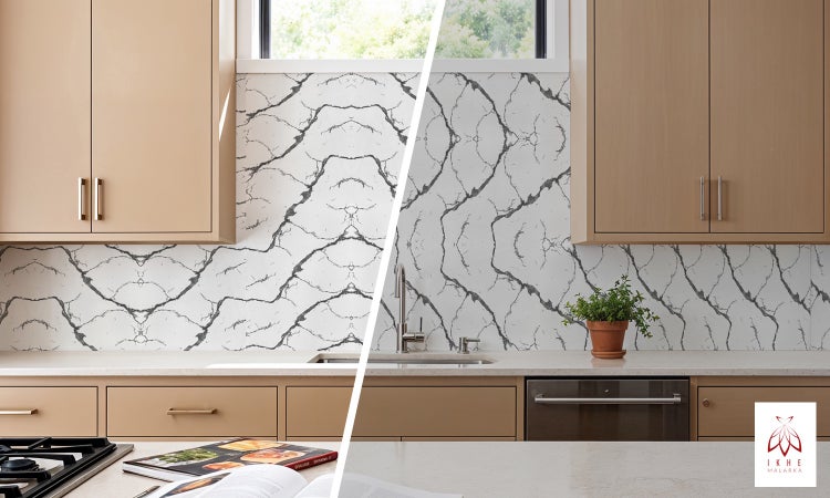 Küchenszene mit Küchenschränken und Arbeitsplatte mit Marmormuster