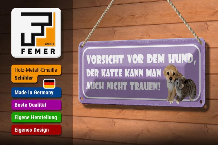 Blechschild Spruch 27x10cm Vorsicht Hund Katze kann auch Dekoration