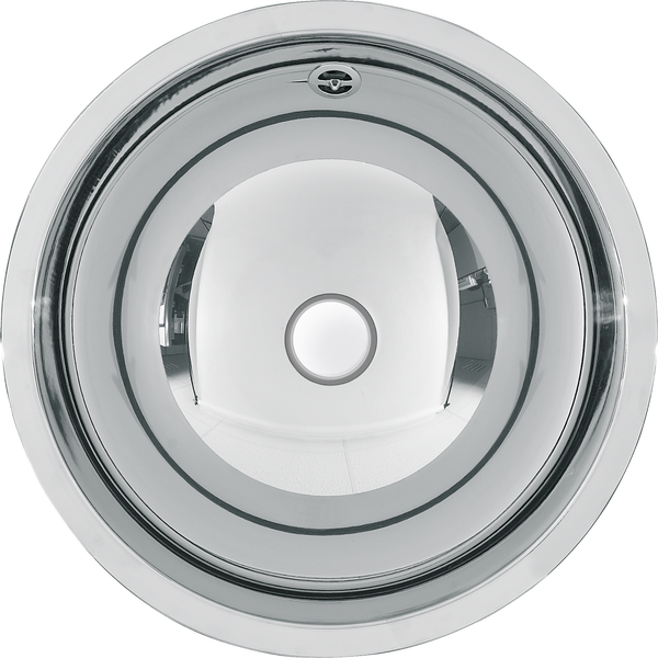 Rundes Edelstahl-Spülbecken mit mittigem Abfluss und Überlauf in der Draufsicht.