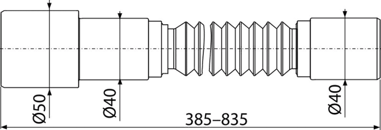 Technische Zeichnung flexibler Ablaufschlauch, Durchmesser 50 und 40 Millimeter, Länge 385 bis 835 Millimeter.