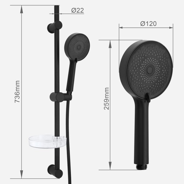 Schwarze Duschgarnitur: Stange 736 Millimeter hoch, Durchmesser 22 Millimeter. Handbrause 259 Millimeter lang, Kopf 120 Millimeter Durchmesser.