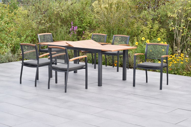 Tilos Gartenmöbelset 13tlg., Stapelsessel inkl. Auflagen, Ausziehtisch 150 (200) x 90 cm