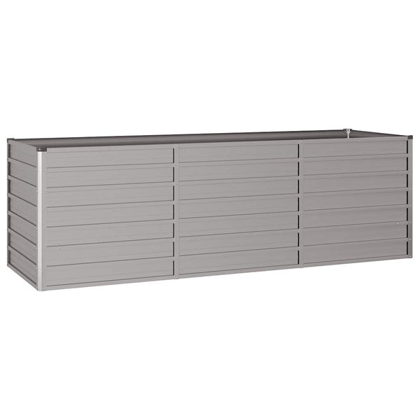 Hochbeet aus Metall in Grau, rechteckige Form mit horizontalen Lamellen für den Garten.